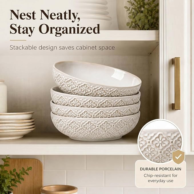 8 inch Pasta Bowls, 22 Oz Ceramic Serving Bowls Set of 4, Embossed Porcelain - Image 4