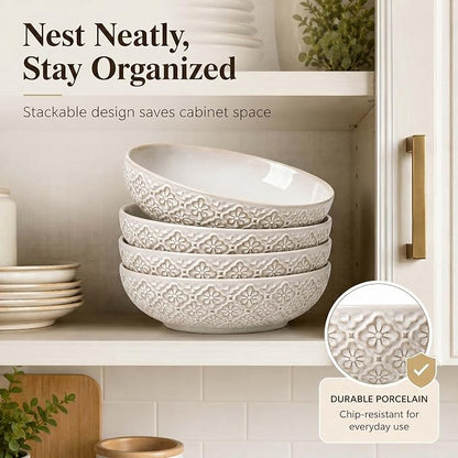 8 inch Pasta Bowls, 22 Oz Ceramic Serving Bowls Set of 4, Embossed Porcelain - Image 4