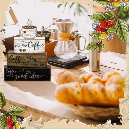 Moucuny 4 Pcs Wooden Coffee Bar Tabletop Decor Coffee Tiered Tray Decor Rustic - Image 5