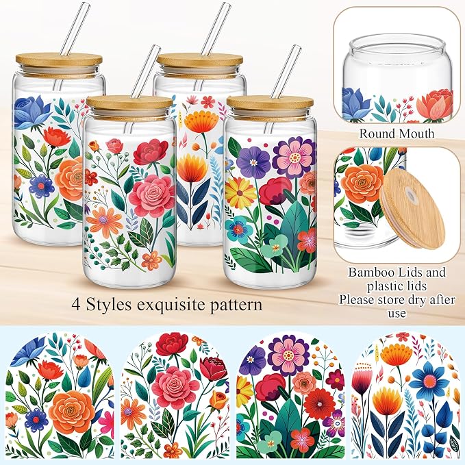 Mumufy 4 Pack Wildflower Glass Cups Gift Aesthetic Cute Glass Cup Tumbler - Image 3