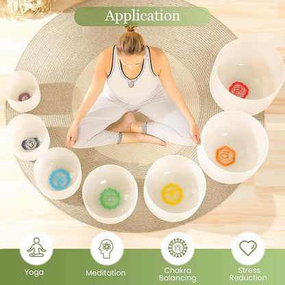 432HZ 6-12 Inch 7 Pcs Chakra Design Frosted Crystal Singing Bowl Set for Meditation Healing Yoga Chakra Quartz Crystal Sound Bowls with Heavy Duty Carry Cases and Rubber Mallet,Suede Striker,O-rings