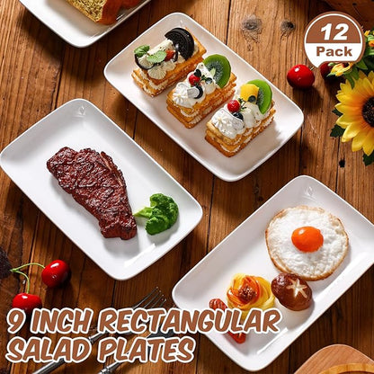 Irenare 12 Pcs 9 Inch Rectangular Salad Plates White Rectangular Porcelain Dessert Plates Appetizer Serving Tray Rectangular Porcelain Platters for Fruit Sushi Dinner Parties, Microwave, Oven Safe