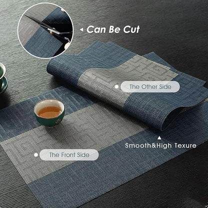 FAVE Placemats Set of 6 Indigo Blue Woven with Gray Placemats Durable and Wipeable Vinyl Placemat Set of 6 for Wedding, Banquet, Birthday, Party, Restaurant Decorations（Indigo Blue）