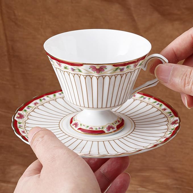 fanquare Nordic Style Tea Cup and Saucer, Classic Stripes Floral Teacup - Image 5
