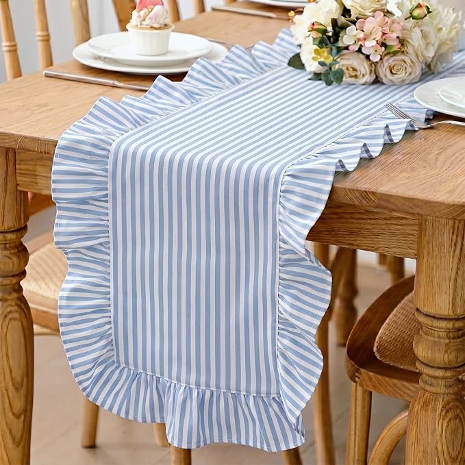 HunnmingRe Ruffle Trim Boho Table Runner Farmhouse Rustic Stripes Scalloped by HunnmingRe