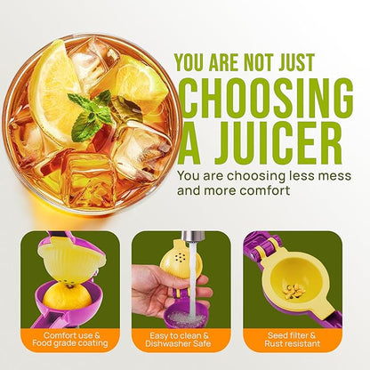 Zulay Kitchen Metal 2-in-1 Lemon Squeezer - Sturdy Max Extraction Hand Juicer Lemon Squeezer Gets Every Last Drop - Easy to Clean Manual Citrus Juicer - Easy-Use Lemon Juicer Squeezer - Purple/Yellow