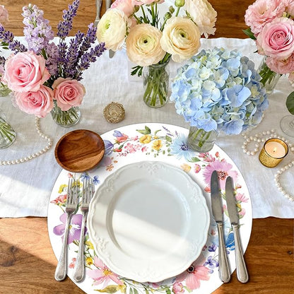 50PCS Floral Placemats Vibrant Watercolor Wildflower Disposable Paper Placemats Round Table Mats for Summer Parties, Weddings & Brunch