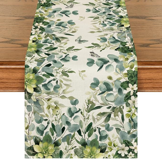Artoid Mode Green Flowers Floral Eucalyptus Summer Table Runner, Seasonal by ArtoidMode