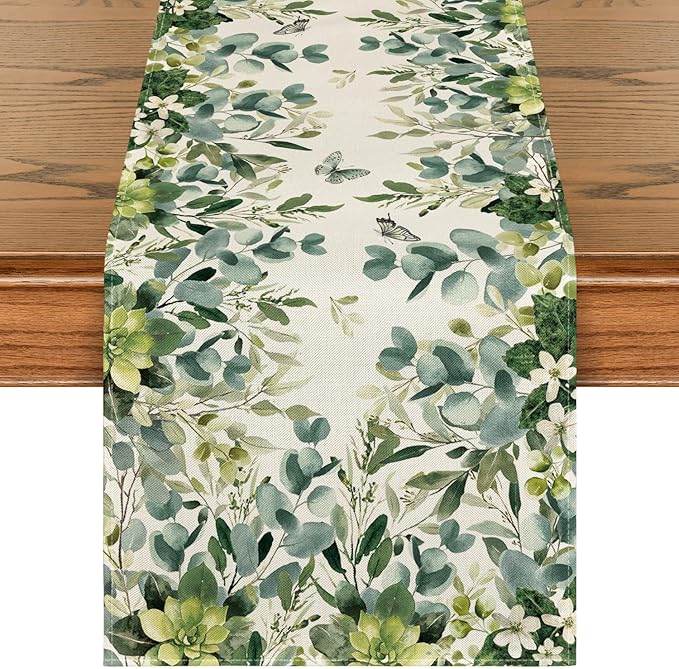 Artoid Mode Green Flowers Floral Eucalyptus Summer Table Runner, Seasonal by ArtoidMode
