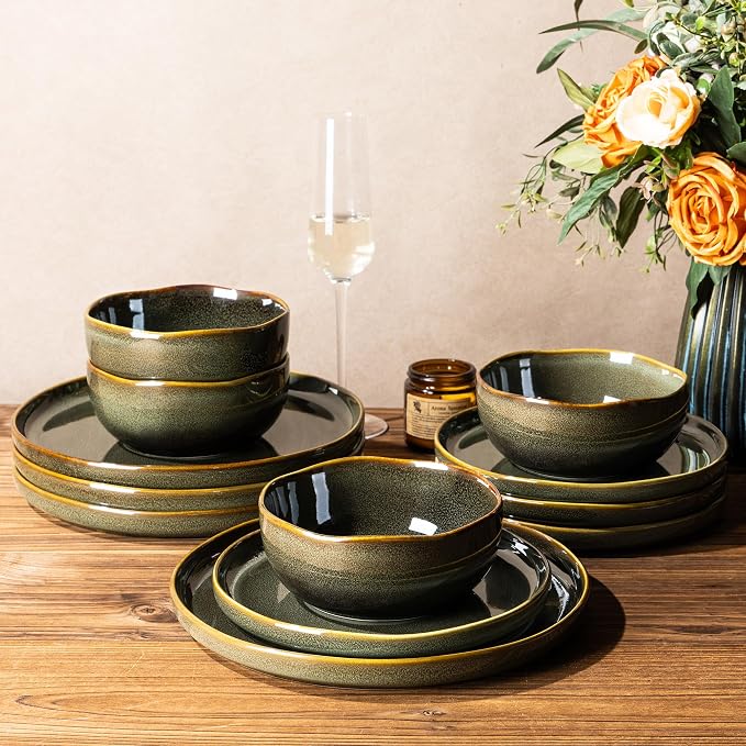 Ceramic Dinnerware Set for 4, 12-Piece Plates and Bowls Set | Handmade Reactive - Image 3