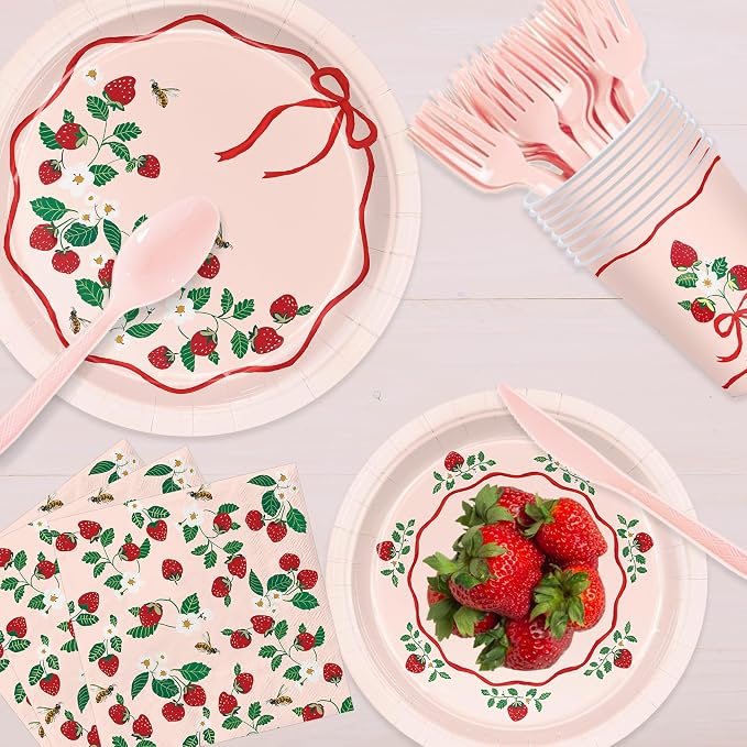 168pcs Strawberry Paper Plates Napkins Strawberry Party Supplies Serve 24 | - Image 5