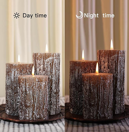 Classic Pine Tree Bark Texture Pillar Candles Set - Real Wax 3 Sizes (4", 5", 6" Tall) Rustic Decor Fireplace Candles, Unscented Woodland Style Pillar Candle for Home, Dining Table, Holiday Decor