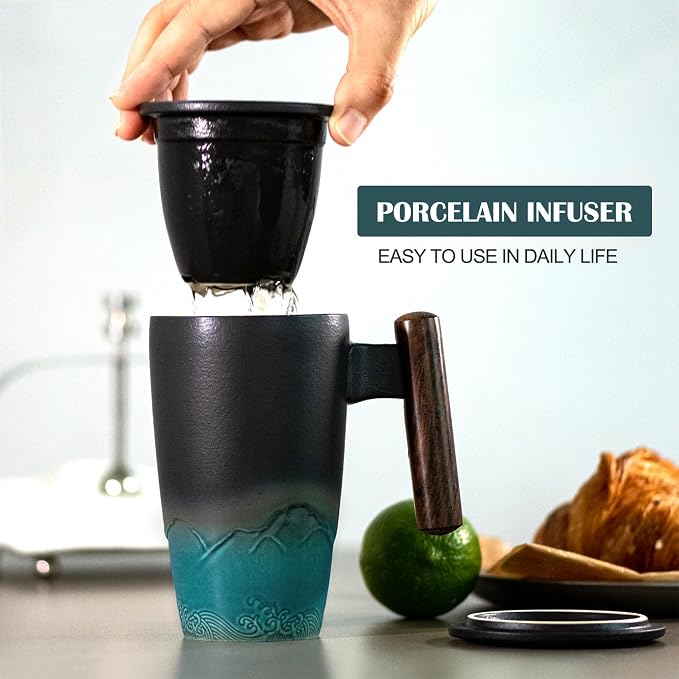 suyika Ceramic Tea Cup with Infuser and Lid Tea Mugs Wooden Handle 400ml/13.5oz - Image 2