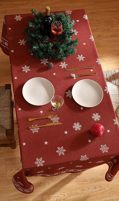 ISAENNE Designer Christmas Red Table Cloth for Rectangle Table,Linen Tablecloth with Snowflakes Pattern,Wrinkle Resistant Decor Tablecloths for Dining Kitchen Thanksgiving,55"*79"-Carol C