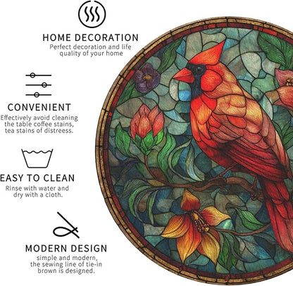 Christmas Bird Coasters Leather Round Drink Coasters 6 Pcs Set with Holderor for Cup Drink Coffee Table Bar Home Decor