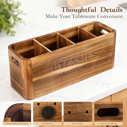 Utensil Holder for Kitchen Countertop, Extra Large Acacia Wood Organizer, 4-Compartment Storage for Cooking Tools, Farmhouse-Style Cutlery Holder
