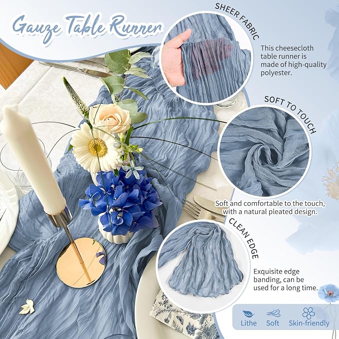 Showgeous 4 Pack Dusty Blue Cheesecloth Table Runner, 17 x 108 Inches | Boho - Image 3