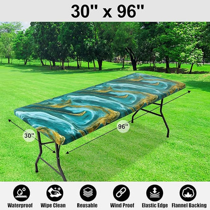 Smiry Rectangle Table Cloth Cover, Waterproof Elastic Fitted Picnic Tablecloth for 8 Foot Tables, Wipeable Flannel Backed Vinyl Tablecloths for Camping, Dining, Outdoor (Teal & Gold, 30" x 96")