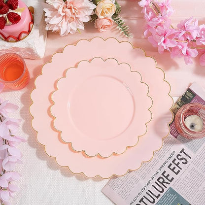 LIYH 120 Pcs Pink Plastic Plates Disposable - Pink Disposable Plastic Plates Set for Party Includes 60 Dinner Plate 10.25" & 60 Dessert Plate 7.5" Elegant Gold Rim for Party Birthday