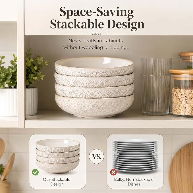 8 inch Pasta Bowls Set of 4, 22 Oz Ceramic Serving Bowls, Large Porcelain - Image 4