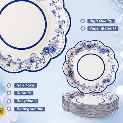 FillTouch 100 Sets Blue Floral Paper Tea Cups and Saucers Disposable Paper Tea - Image 5