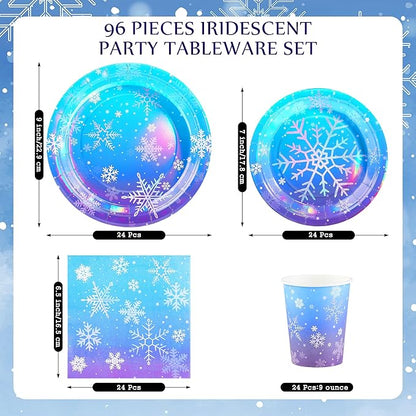 Kochorie 96 Pieces Frozen Iridescent Winter Snowflake Birthday Party Supplies Snowflake Tableware Set Disposable Paper Plates Cups Napkins Serve 24 Guests for Christmas Winter Wonderland Decorations