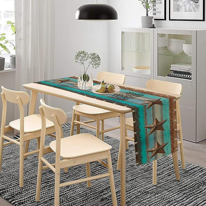Western Texas Table Runner, Rustic Farmhouse Barn Texas Star Teal Wooden Plank - Image 3
