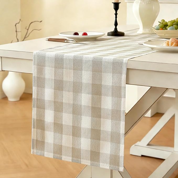 Laolitou Beige Checkered Table Runner, Cotton Linen Gingham Table Runners by Laolitou