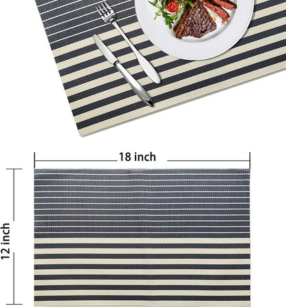 Placemats Set of 4 Vinyl Washable Navy Blue Placemats, 18"x12" Wipeable Heat-Resistant Non-Slip Easy Clean Table Mats Ideal for Dining Table Table Runner and Outdoor (4, Dark Blue Stripe)
