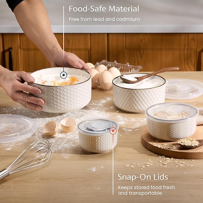 KooK Serving Bowls, with Lids, Ceramic Nesting Bowls, Microwave and Dishwasher - Image 2