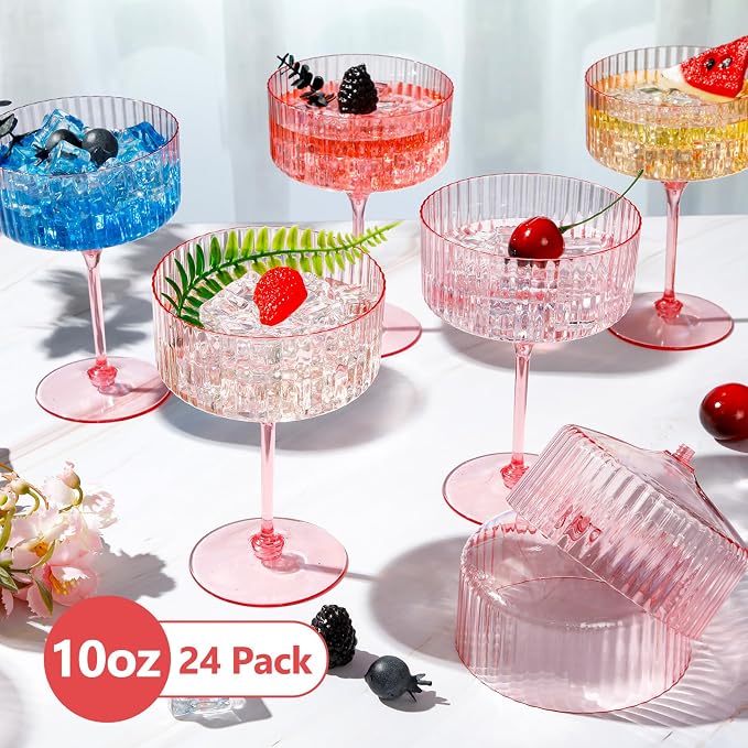 Jingmore 24 Pcs Ribbed Martini Glasses 10 oz Disposable Plastic Vintage Ribbed - Image 3