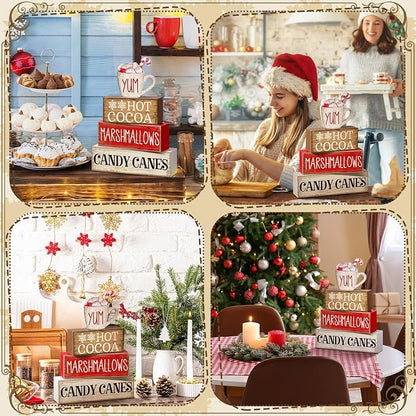 Moucuny 4 Pcs Wooden Christmas Tabletop Decor Hot Cocoa Tiered Tray Decor - Image 4