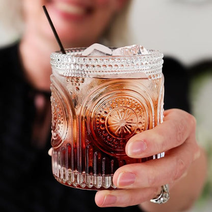 Ribbed Retro Arch Floral Clear Drinking Glasses Set of 6, Vintage Glassware Set - Image 4