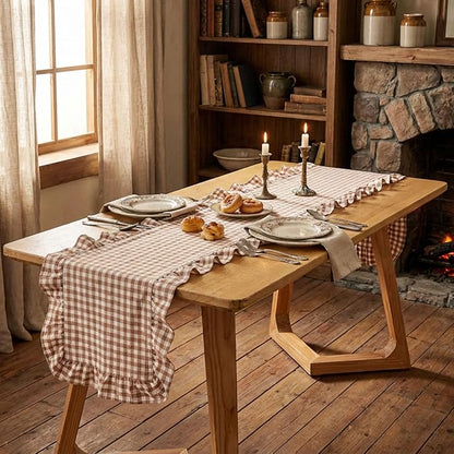 HunnmingRe 1 Pc Gingham Table Runner Brown, 118 X 13.8 Inch | Cotton Dresser - Image 5