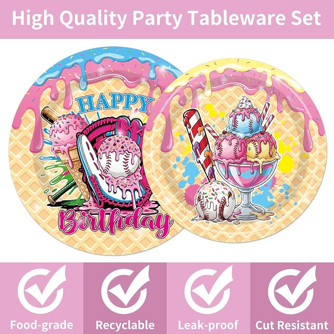 EUOYUFO 96Pcs Ice Cream Party Decorations Tableware Set Ice Cream Baseball Drip - Image 4