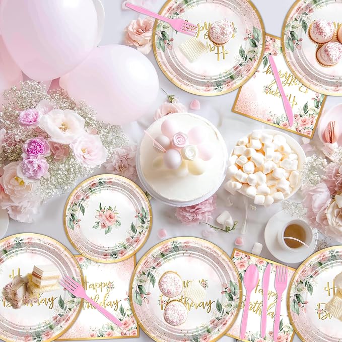Rose Gold Party Decorations Pink Floral Birthday Plates and Napkins | 168 Pcs - Image 6