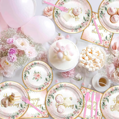 Rose Gold Party Decorations Pink Floral Birthday Plates and Napkins | 168 Pcs - Image 6
