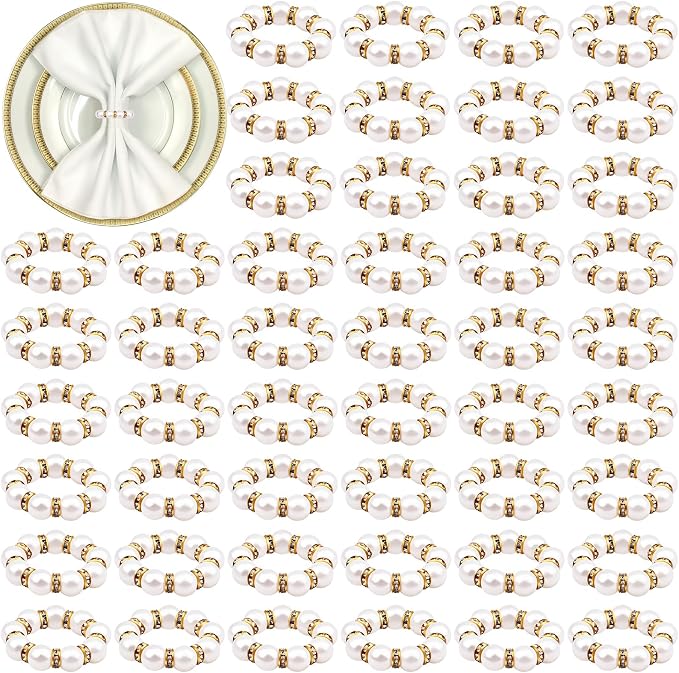 120 Pcs Pearl Napkin Rings Imitation Pearl Beaded Napkin Rings Holder Gold by Haiabei