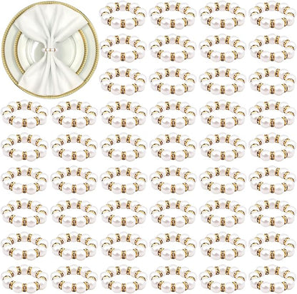 120 Pcs Pearl Napkin Rings Imitation Pearl Beaded Napkin Rings Holder Gold by Haiabei