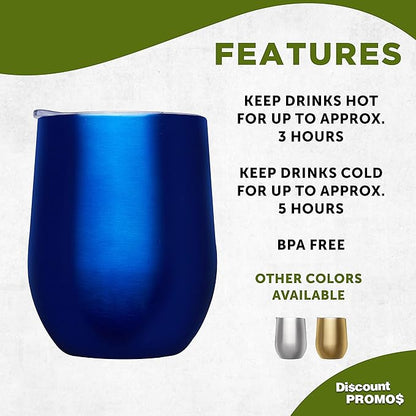 DISCOUNT PROMOS Stemless Wine Glass Tumblers with Lids by Largo 11 oz. Set of 6, Bulk Pack - Perfect for Wine, Cocktails, Other Hot & Cold Beverages - Blue