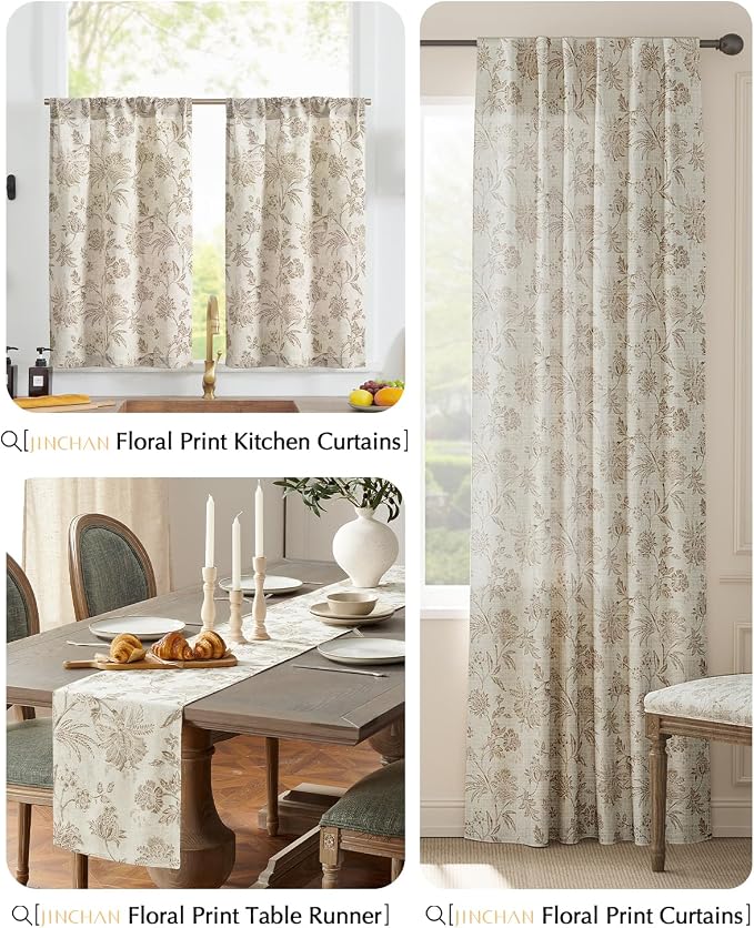 jinchan Taupe Floral Linen Table Runner 13 x 72 Inch Farmhouse | Linen-look - Image 7