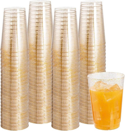 IOOOOO 100 Pack 12 oz Gold Glitter Cups, 12 Ounce Glitter Plastic Tumblers by I00000