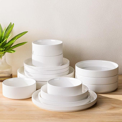 TheTerra Ceramic Dinnerware Sets with Pasta Bowls for 4, 16 Pieces Porcelain Lightweight Plates and Bowls Sets, Scratch Resistant Dish Set, Oven & Microwave & Dishwasher Safe, Bright White