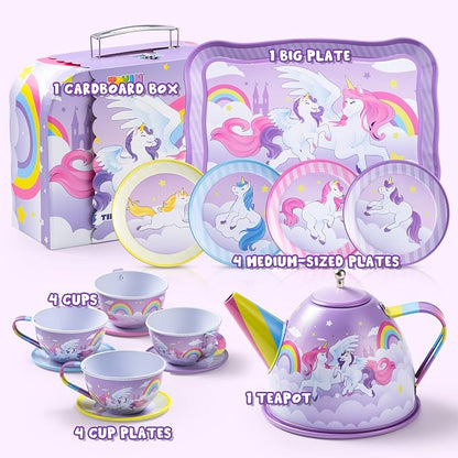 JOYIN Unicorn Tea Party Set for Little Girls, Pretend Purple Tin Teapot Set - Image 2