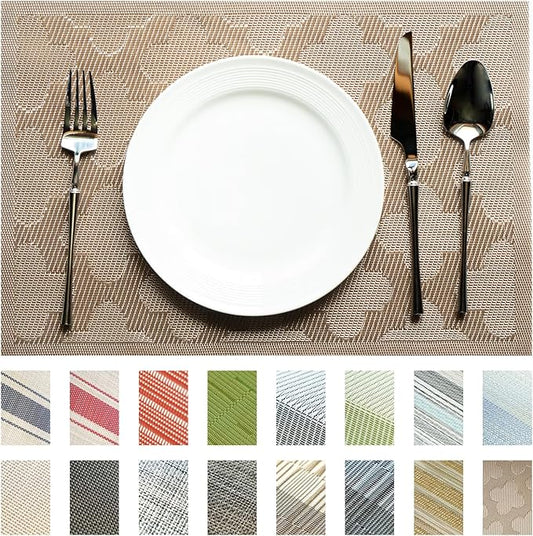 Placemats Set of 12 Vinyl/Plastic Woven Place Mats for Kitchen Table Indoor/Outdoor Washable Placemat Wipeable Dining Table Mats (Dark Brown Clover,12)