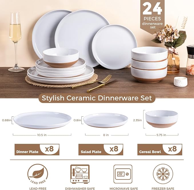 AmorArc Dinnerware Sets for 8, 24 Pieces Ceramic Plates and Bowls Set | Scratch - Image 3