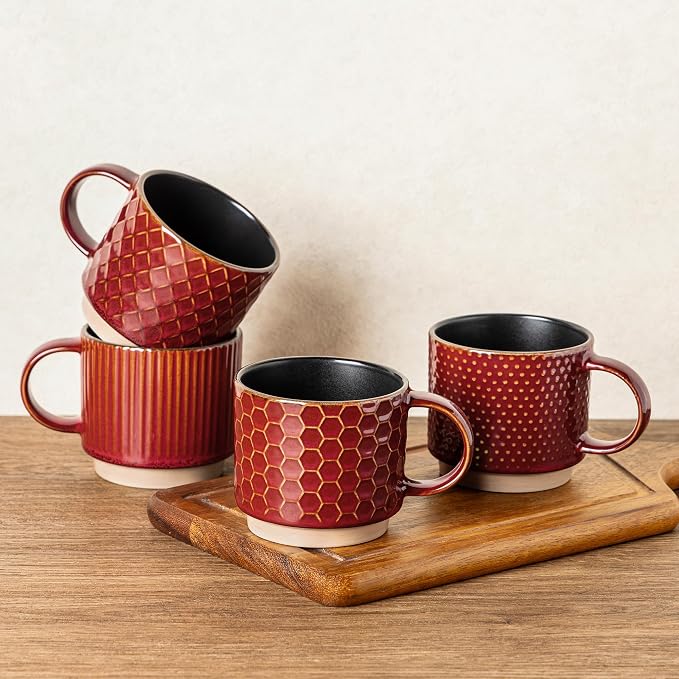 GBhome 12 OZ Stackable Coffee Mugs Set of 4, Ceramic Coffee Cups Set | 4 by GBhome
