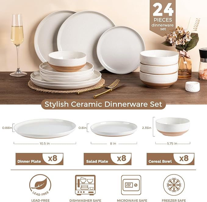 AmorArc Dinnerware Sets for 8, 24 Pieces Ceramic Plates and Bowls Set | Scratch - Image 3