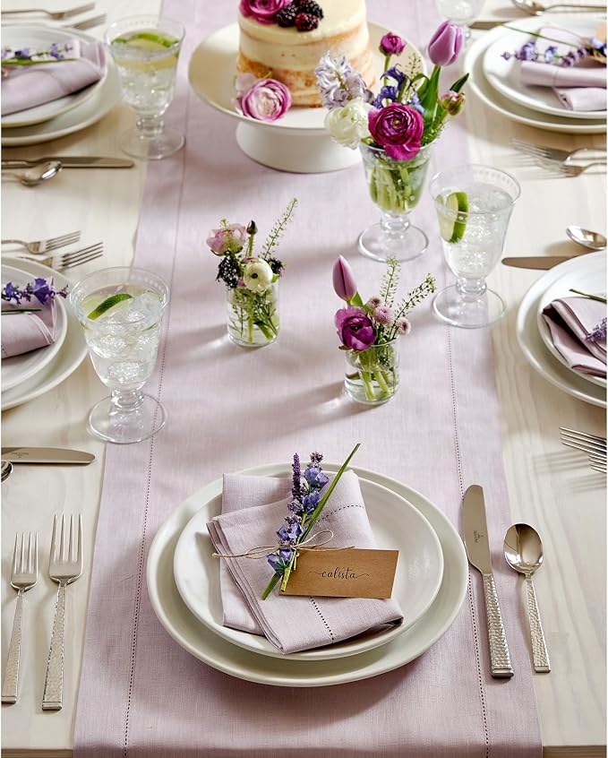 Solino Home 100% Pure Linen Dining Table Runner Lilac Hemstitch, 14 x 72 in | - Image 9