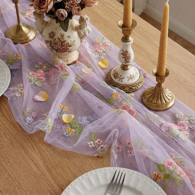 Purple Floral Table Runner 10ft Embroidery Tulle Spring Wildflower Gauze Table - Image 4